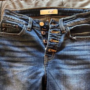 Medium wash jeans with cute gold button up